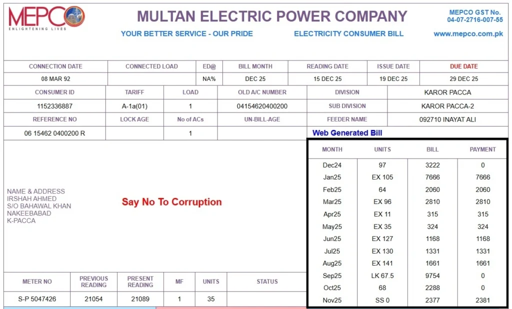 MEPCO Bill Payment History