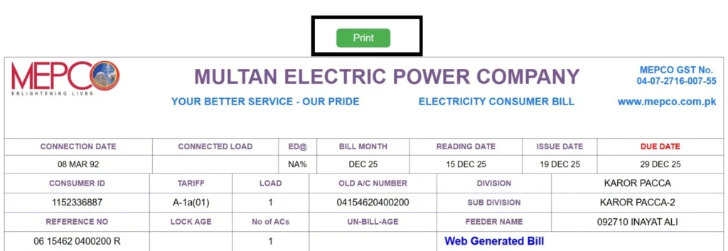 Print MEPCO Bill