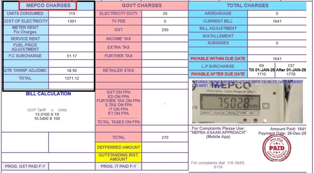mepco charges in MEPCO bill